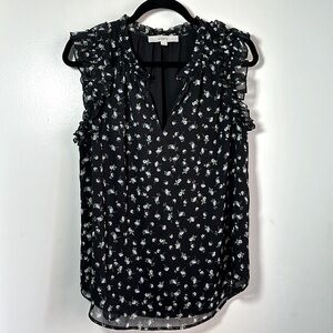 LOFT Floral Ruffle Split Neck Shell (Size M) Black